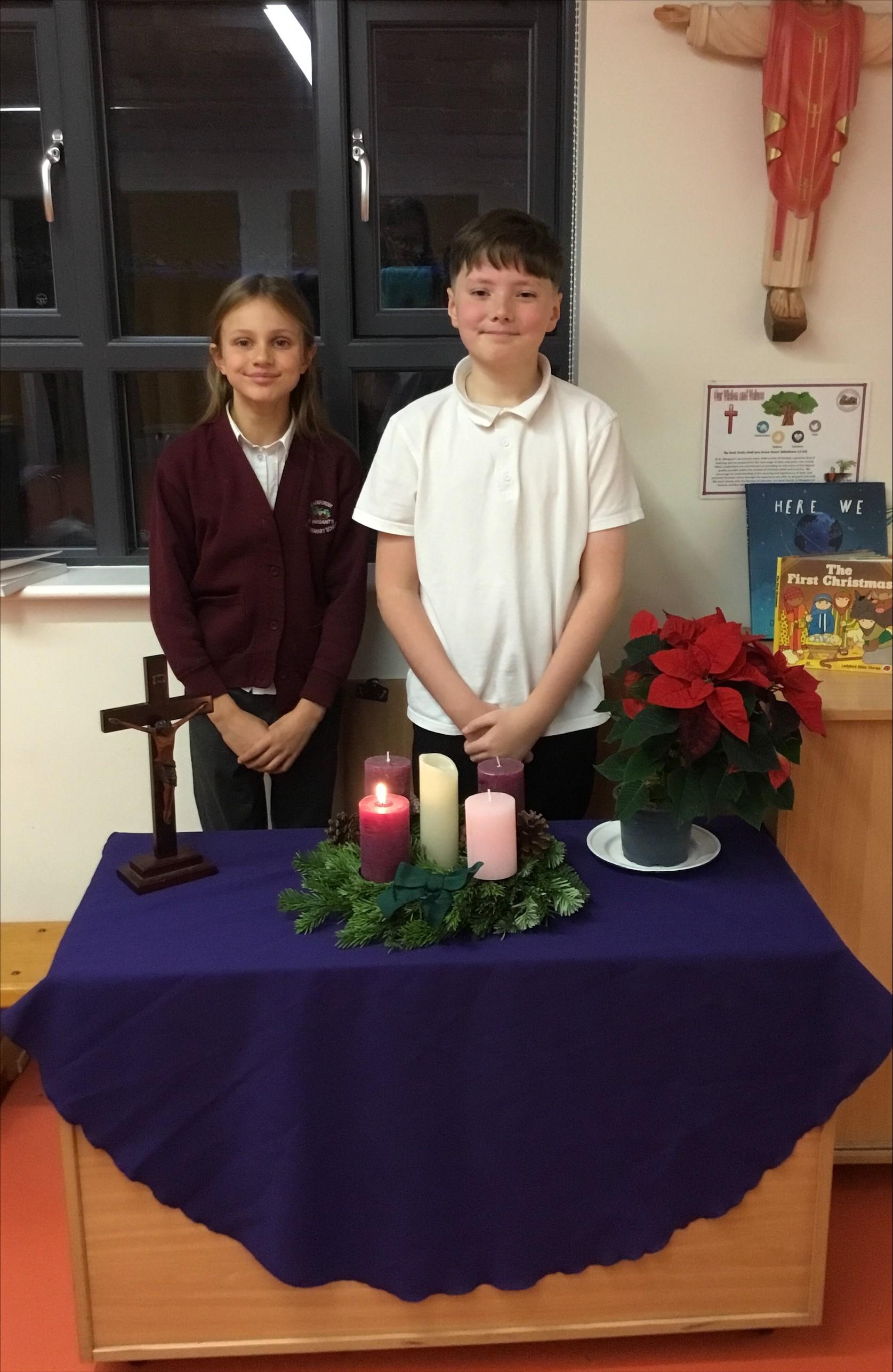 Our beautiful worship table ready for Advent.